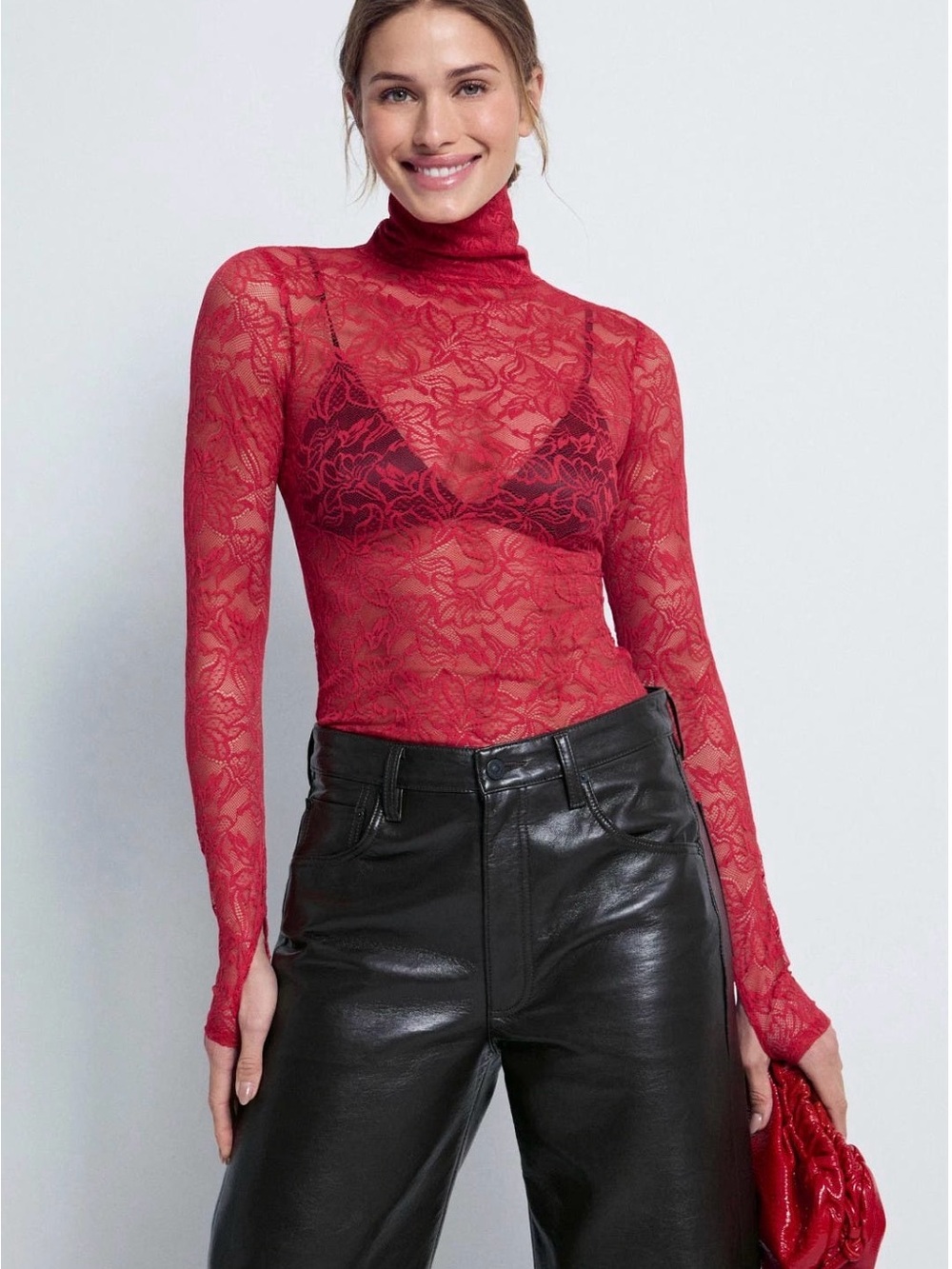 AFRM Red Sheer Lace Turtleneck Top